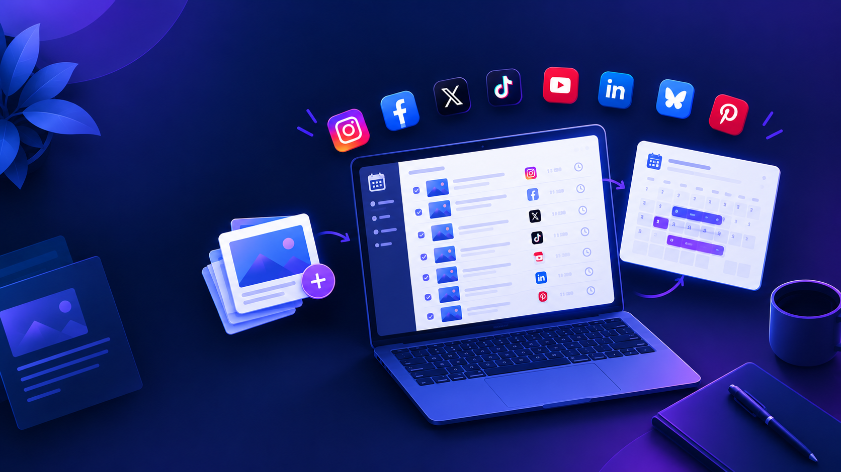 Modern social media scheduling dashboard on a laptop, surrounded by social media icons, content images, and a calendar illustrating bulk scheduling across multiple platforms.